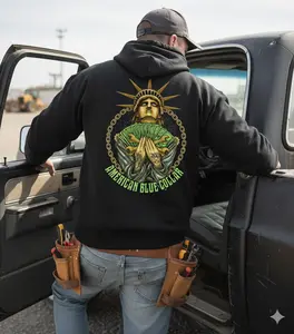 United States of Hard Work Hoodie Blue Collar American Workwear Durable Midweight for Tradesmen Women Menswear Long