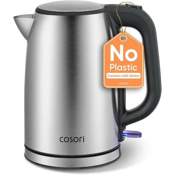 Cosori Stainless Steel Plastic-Free Electric Kettle, 1.7L, 1500W, No Water-Plastic Contact, Easy to Clean, Auto Shut-Off, Boil-Dry Protection, Hot Water Boiler for Tea