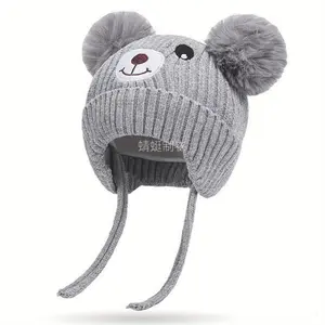 New[Toddler Knit Hat] Warm Stylish Toddler Knit Hat |                   Cartoon Bear Shaped Furry Balls Ear Flap  Bunny Bonnet Bonnet Hood