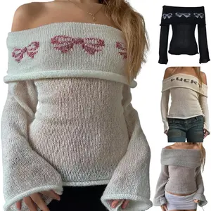 Women’s Y2K off-shoulder sweater with bow print, chest fold, boat neckline, long sleeves — crochet knit pullover top for fall, vintage retro streetwear, women’s knitwear