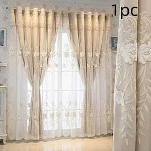 1pc Luxury Embroidered Curtains, Embroidery Detail, Vintage Double-Layer Light Block, Wave Header, Flower Pattern, Elegant Home Decor for Bedroom and Living Room