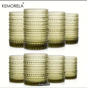 8pcs, Hobnail Drinking Glasses Vintage Green Glassware, Including 4pcs Highball Glasses 14oz, 4pcs Rocks Glass Cups 11oz, Embossed Old Fashioned Glassware For Water, Wine, Beer, Juice, Mixed Drinkware
