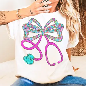 Preppy Floral Stethoscope Bow T-Shirt, Cna RN Nurse Shirt, Nursing Tee, Preppy Nurse Floral Coquette Tee, Gift For Nurses