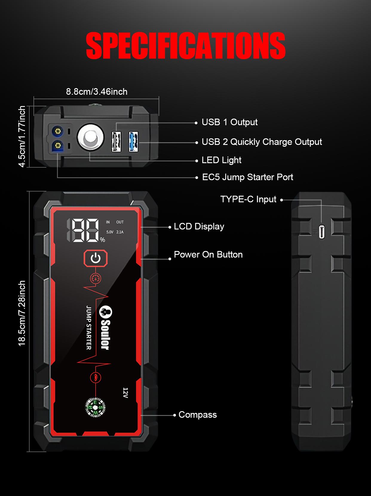 Soulor Portable Car Jump Starter with Power Bank, 8000mAh 12V Battery Booster, USB Charging for Phones & Tablets, LED Emergency Light, LCD Display, Heavy-Duty Clamps for Cars, SUVs, Trucks & Motorcycles sohochic