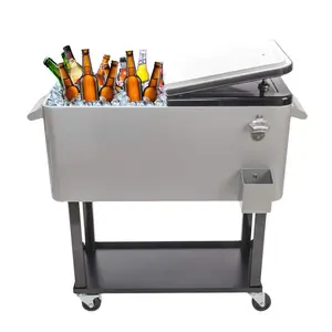 Portable Rolling Patio Cooler Ice Chest with Wheels Outdoor Cold Drink Beverage Bar Cart with Storage Shelf & Bottle Opener Home Deck Backyard Party Cooler Tub Trolley Cart
