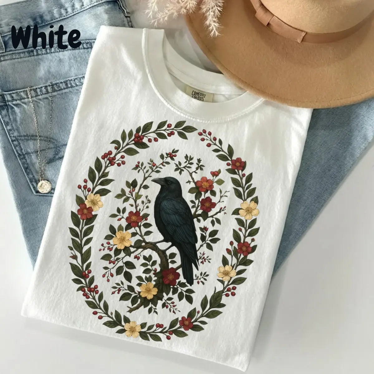 Comfort Colors Vintage Raven Shirt, Gothic Cottagecore Crow Floral Graphic Tee, Dark Nature Witchy Aesthetic T-Shirt