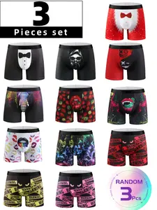 Randomly Mix 3-Pack Surprise Men'S Long Boxer Briefs, Stretchy Boxer Briefs, Quick-Drying Sports Shorts, Mesh Design, Sweat-Proof Elastic Fabric, Breathable And Comfortable, Multiple Styles Of Graffiti Prints, Suitable For Casual Daily Wear And Gift Ideas