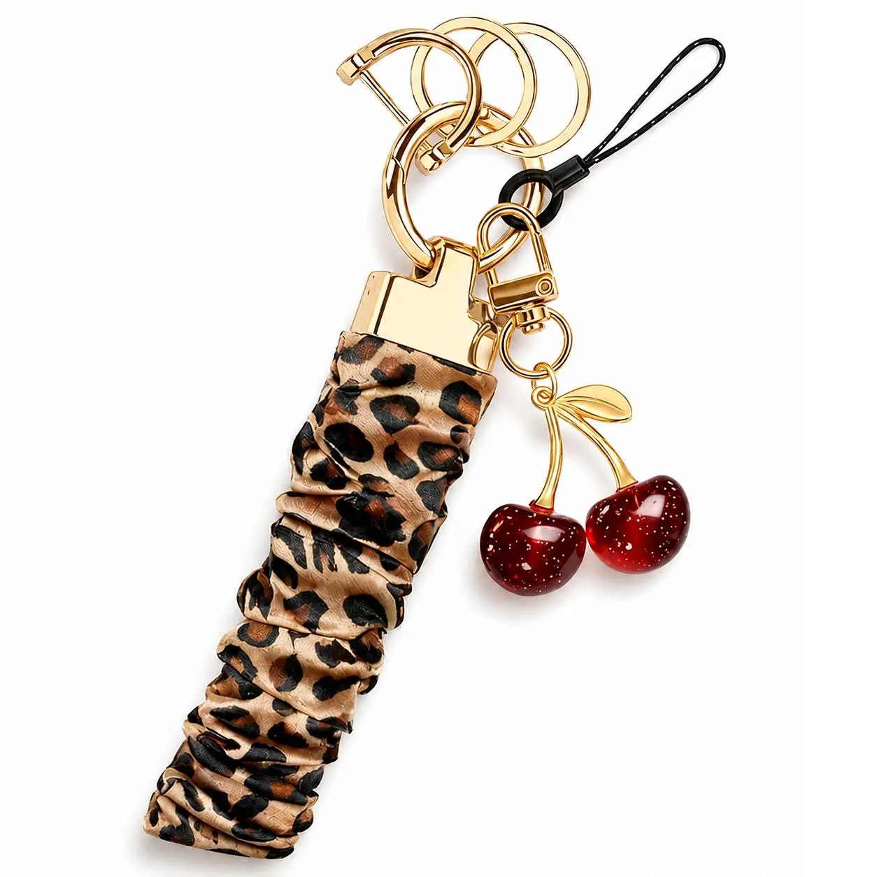 Leopard Print Wristlet Keychain with Cherry Charm, Stretchy Scrunchie Key Holder for Car and House Keys, Cute Keychain for Women