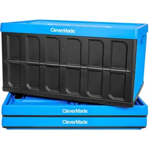 Collapsible Storage Bin (With Lid), Neptune Blue, 3PK - 46L (12 Gal) Folding Plastic Stackable Utility Crates, Holds 75lbs Per Bin - Solid Wall CleverCrates for Organizing, Storage, Moving