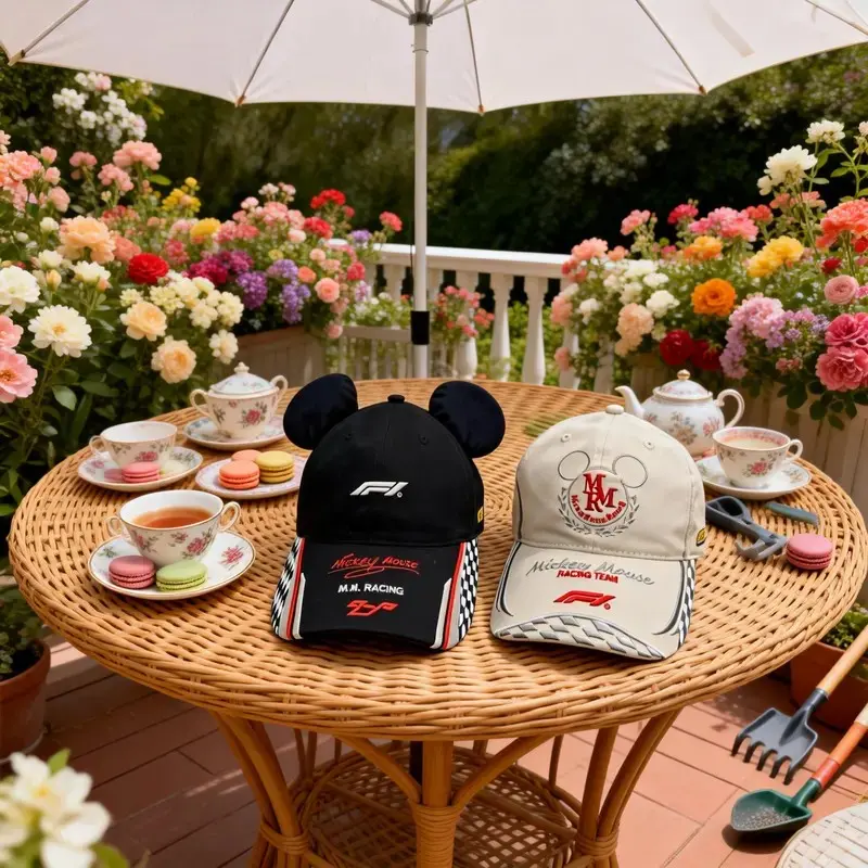 Disney Mickey Mouse F1 Racing Series Cotton Baseball Cap - Black Ear Decor, Adjustable Unisex Dad Hat, Breathable Casual Sun Hat with UV Prevention for Sports Enthusiasts, Hip Hop Occasions, Daily, Outdoor Sports, Cold Wash, Street, Do Not Bleach