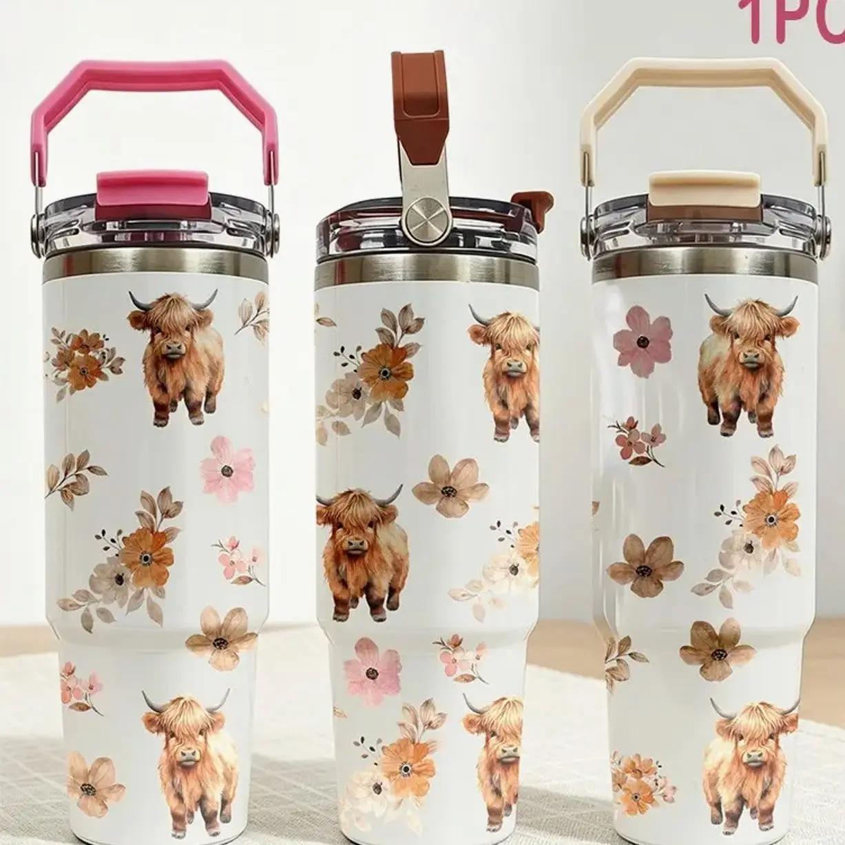 30oz Highland Cow Pattern Water Bottle, Stainless Steel Insulated Cup, Insulated Drinkware, Single Outlet Drinking Cup with Handle, Ideal Gift for Students and Adults