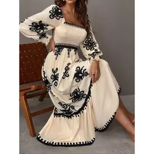 Women's All Over Print Shirred Bishop Sleeve A Line Dress, Long Sleeve Dress Fall & Winter, flowy maxi dress