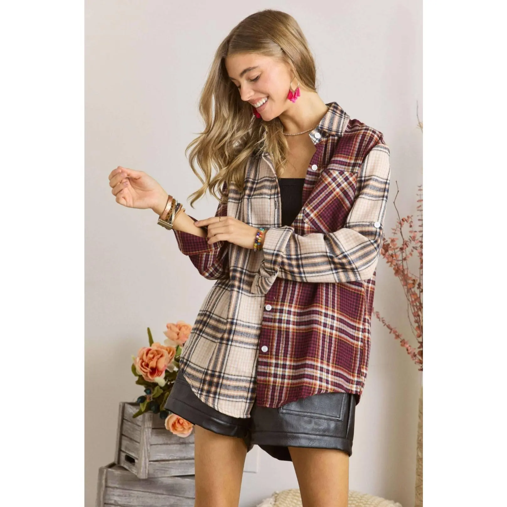 Beige/ Burgundy Plaid Flannel