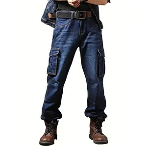 Men's Outdoor Casual Motorcycle Workwear Multi-Pocket Denim Biker Cargo Pants