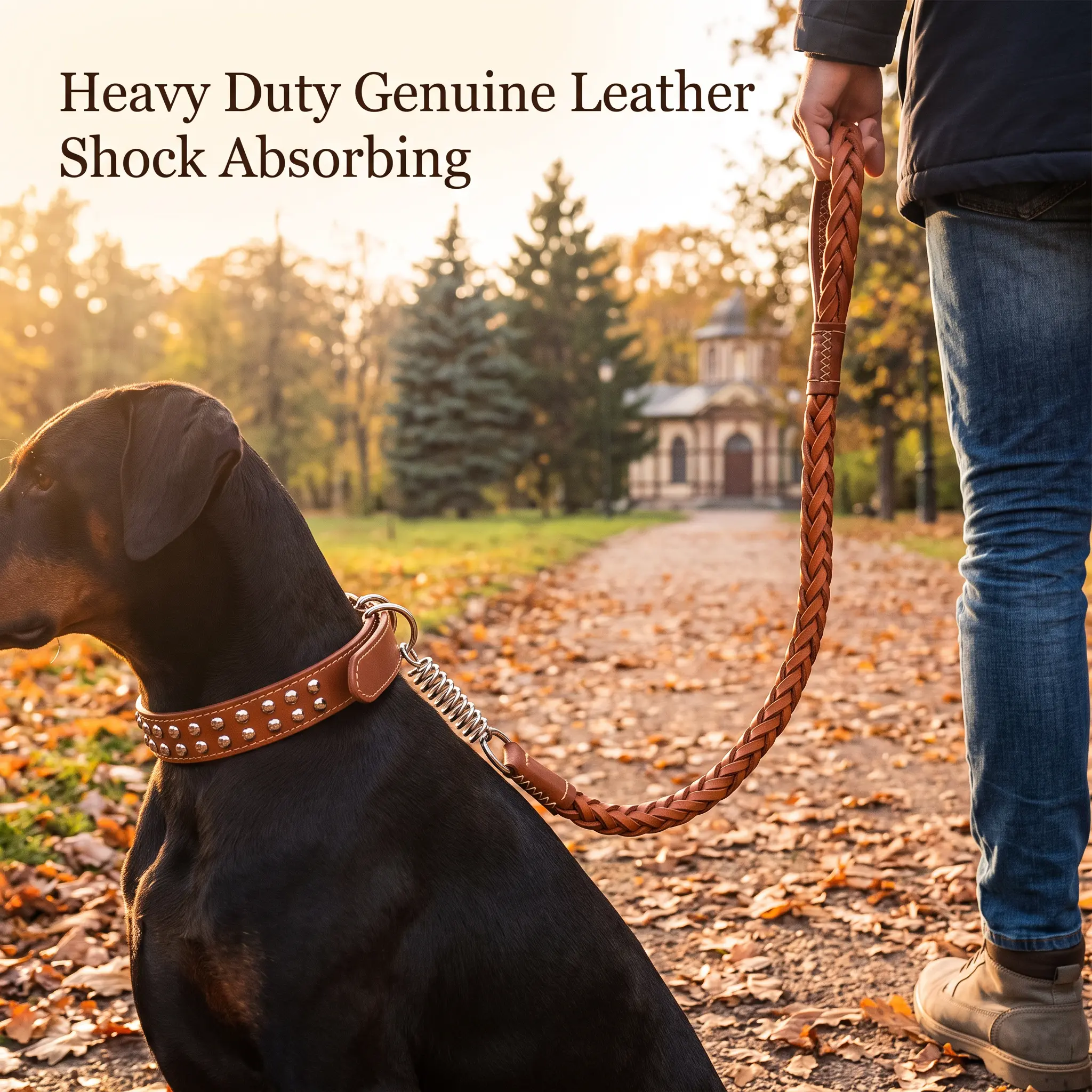 Braided Genuine Leather Dog Leash and Collar Set for Medium & Large Dogs, Heavy Duty Training Lead with Shock Absorbing Dual Springs, Soft Handle, Strong Metal Clasp, Brown or Black
