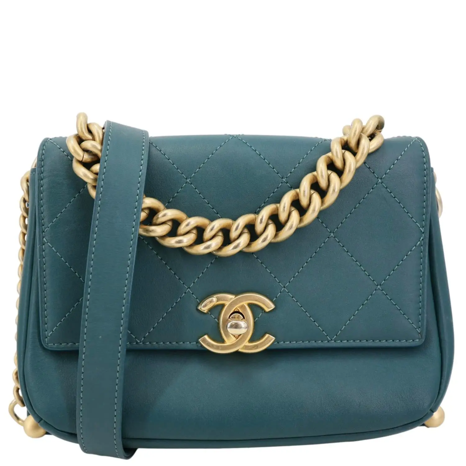 Pre-owned CHANEL Leather Crossbody Bags CC Stitched Flap Calfskin Crossbody Bag Green
