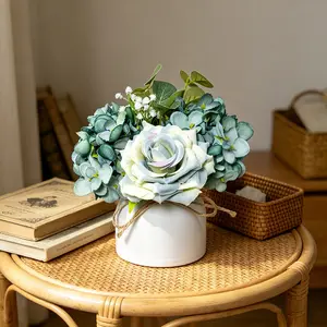 1pc Artificial Flowers Blue Rose and Hydrangea in White Pot, Artificial Morandi Blue Floral Potted, Faux Floral Bouquet, No Maintenance, Desktop/Living Room/Office Decor, New Year/Valentine's Day/Easter Home Decoration