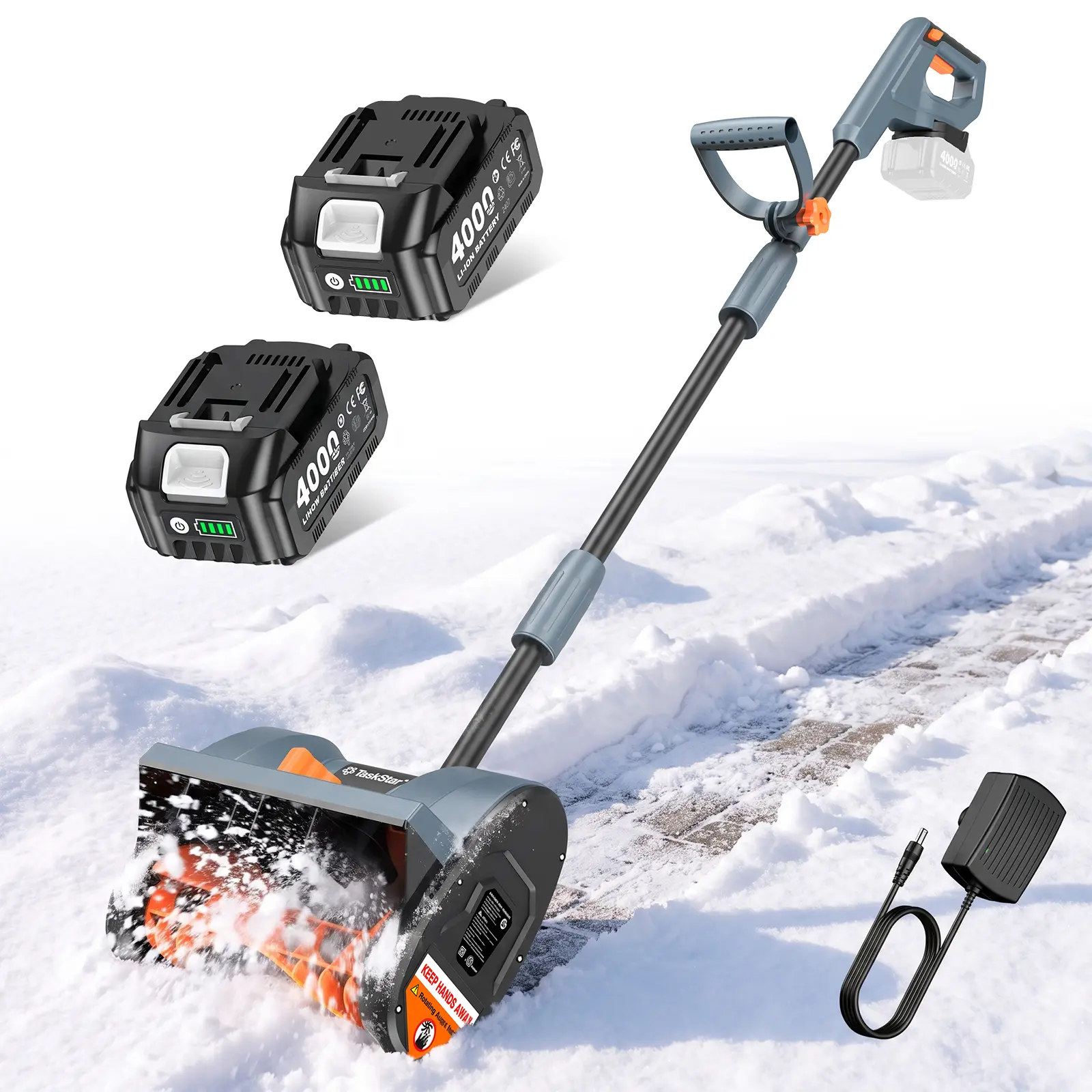 TaskStar Cordless Snow Shovel Power Tool - 40V 16" & 21V 12" Width Options, 2x4.0Ah Batteries, 16.5Ft Long Throw, 6" Cleaning Depth, 60° Adjustable Front Handle, 10 lbs Portable, Gadgets for Sidewalk, Pavement Surfaces, Tool Upgrade