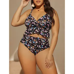 2026 New Plus-Size Swimsuit for Women with Large Busts High-Waisted Two-Piece Triangle Bikini Conceals Belly Makes You Look Slim Beach Dress Set Vacation Perfect Gift for Friends & Relatives Metal Accessories