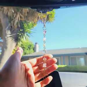 Cross Crystal Bead Hanging Decoration, Sun Catcher Rearview Mirror Pendant with Heart Beads, Car Interior Decor, Bag Charm, Window Ornament, Car Trinkets, Car Accessory
