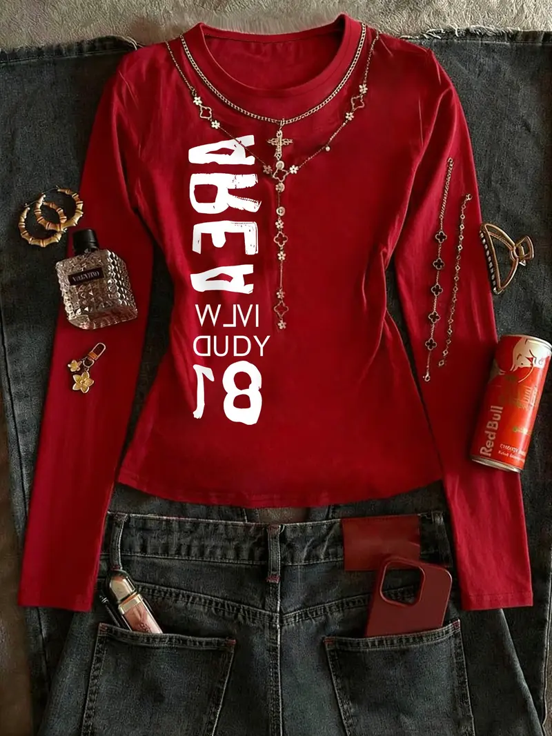 Women’s Red “DUDY” Graphic Long Sleeve T-Shirt, Y2K Grunge Street Style, Ideal for Young Adults in Urban Fashion and Social Events
