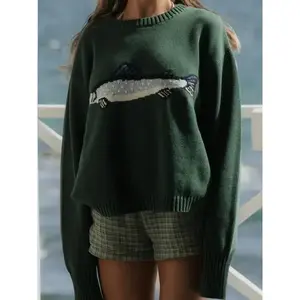 New Fashion Women's Sweater, Autumn Winter Loose High Elastic Round Neck Pullover Fish Pattern Knitwear, Casual StyleGiftYVMV