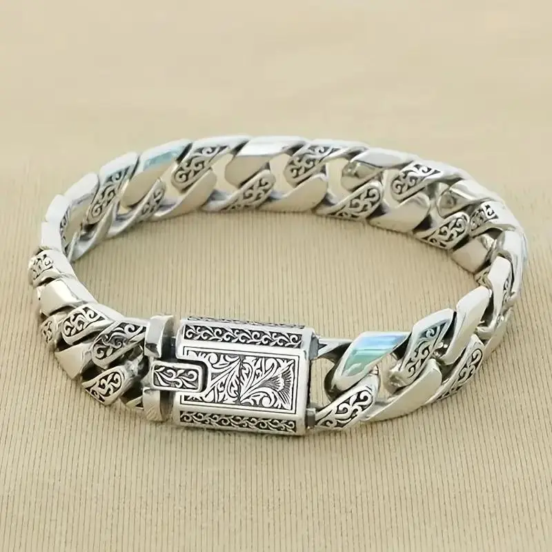 S925 Sterling Silver Men's Vintage Engraved Cuban Link Exquisite Bracelet - Floral Clasp, Heirloom-Quality Men's Jewelry for Daily Wear, Father's Day & Birthday Gifts, Elegant Jewelry Bracelet, Chain Link, Adults, Male, Secure Locking Clasp, Anniversary