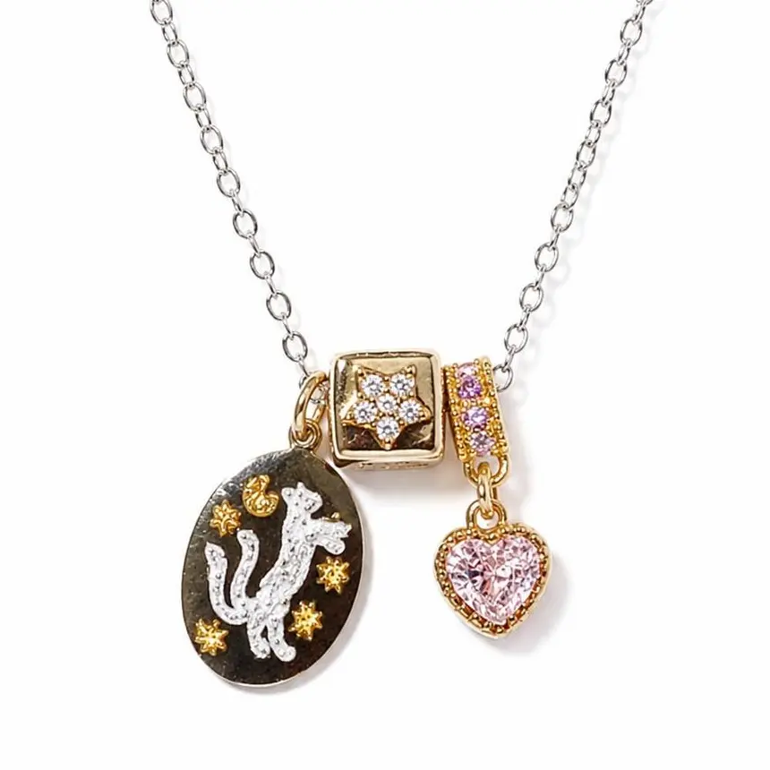 Y2K Cat Charm Necklace for Women, Pink Heart & Crystal Cube Charm Necklace, Kawaii Layered Chain Jewelry, Cute Gift for Her