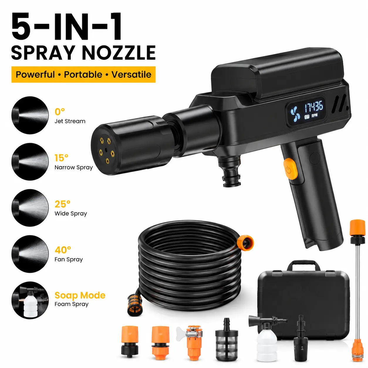 Summervibes Cordless Pressure Washer Full Set Kit, Portable Foldable Grip Power Washer with 5-in-1 Nozzle, 174 PSI Max, Type-C Charging, 16 FT Hose, for Bicycle Cleaning, Camping, Portable Pressure Washer