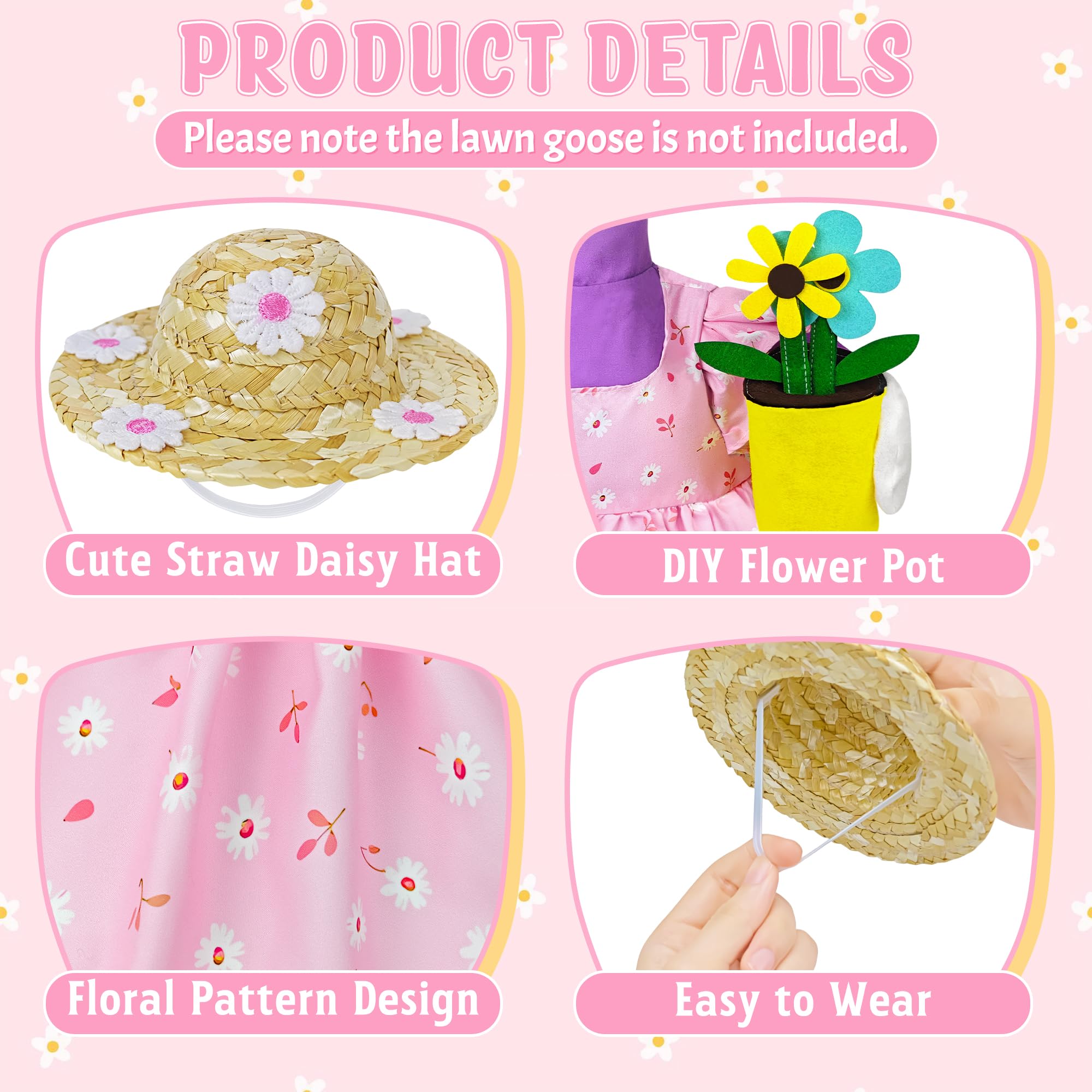 23in Polyester Gardening Costume Kit for Porch Goose, Pink Daisy Floral Ruffle Dress with Purple Inner Outfit, Straw Hat, Handheld Potted Flower Accessory, Lawn Statue Clothes for Yard Patio Spring Easter Decor