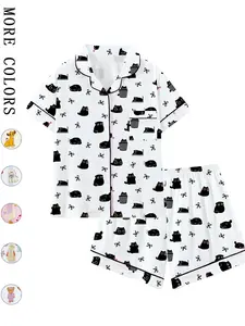 Summer Cat Bow Animal Print Pajama Set, Short Sleeve Loose-Fitting Sleepwear, Comfortable for Sleeping and Outdoors, Perfect Gift