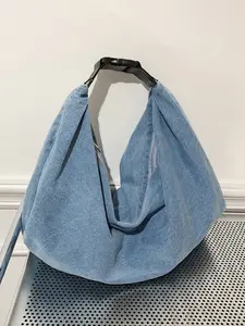 Retro distressed denim shoulder bag, personalized lazy style shoulder handbag, niche personalized pleated bag design shoulder bag, fashionable, simple and versatile, suitable for students to go to class, commuting, shopping, etc., Hobo Shoulder Bag