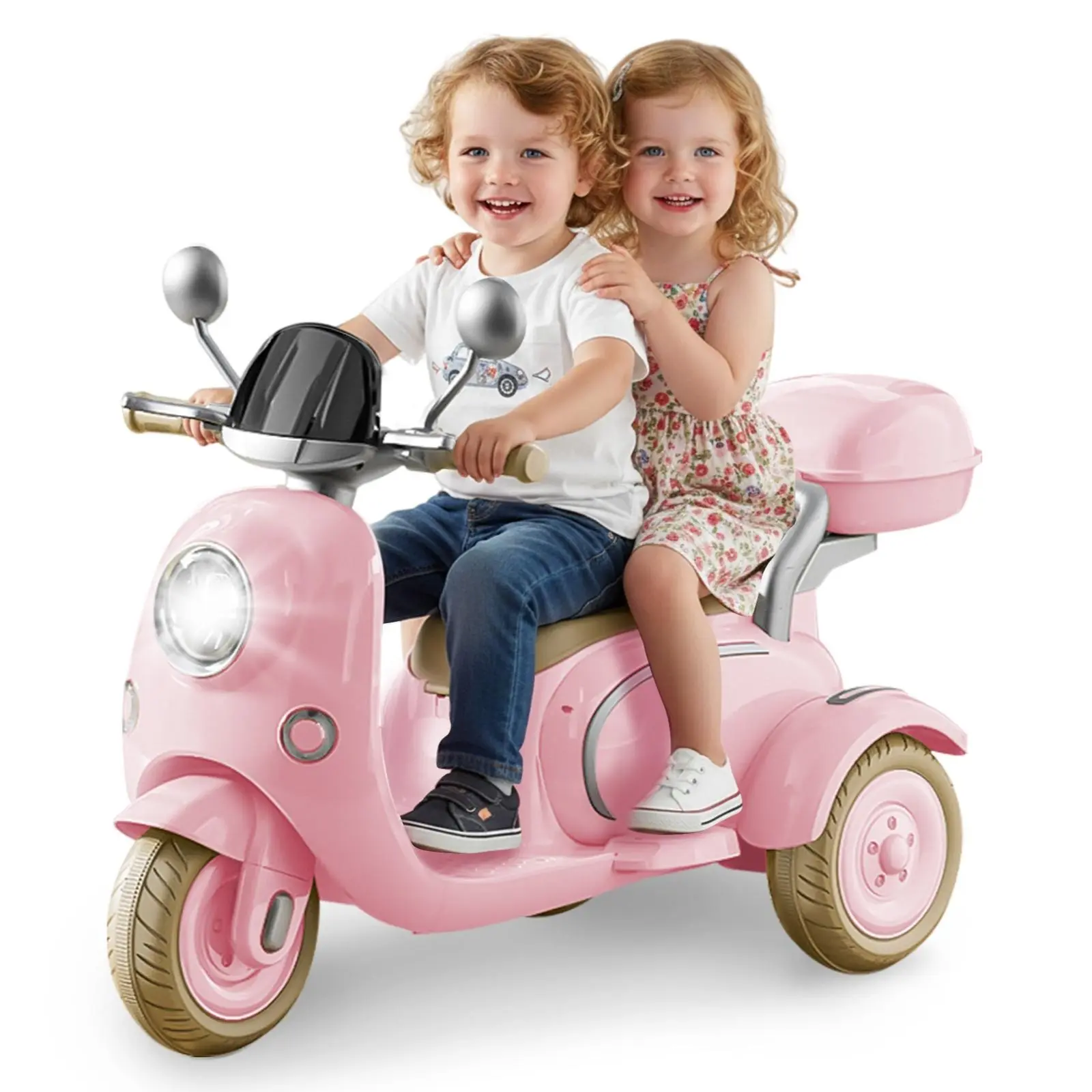 TCARAIWEN Girls Electric Motorcycle 2 Seats Kids Ride On Scooter 12V with Storage Compartments Cute 3-Wheel Design for Ages 3-6 Unisex MP3 & Bluetooth Safe Easy Installation