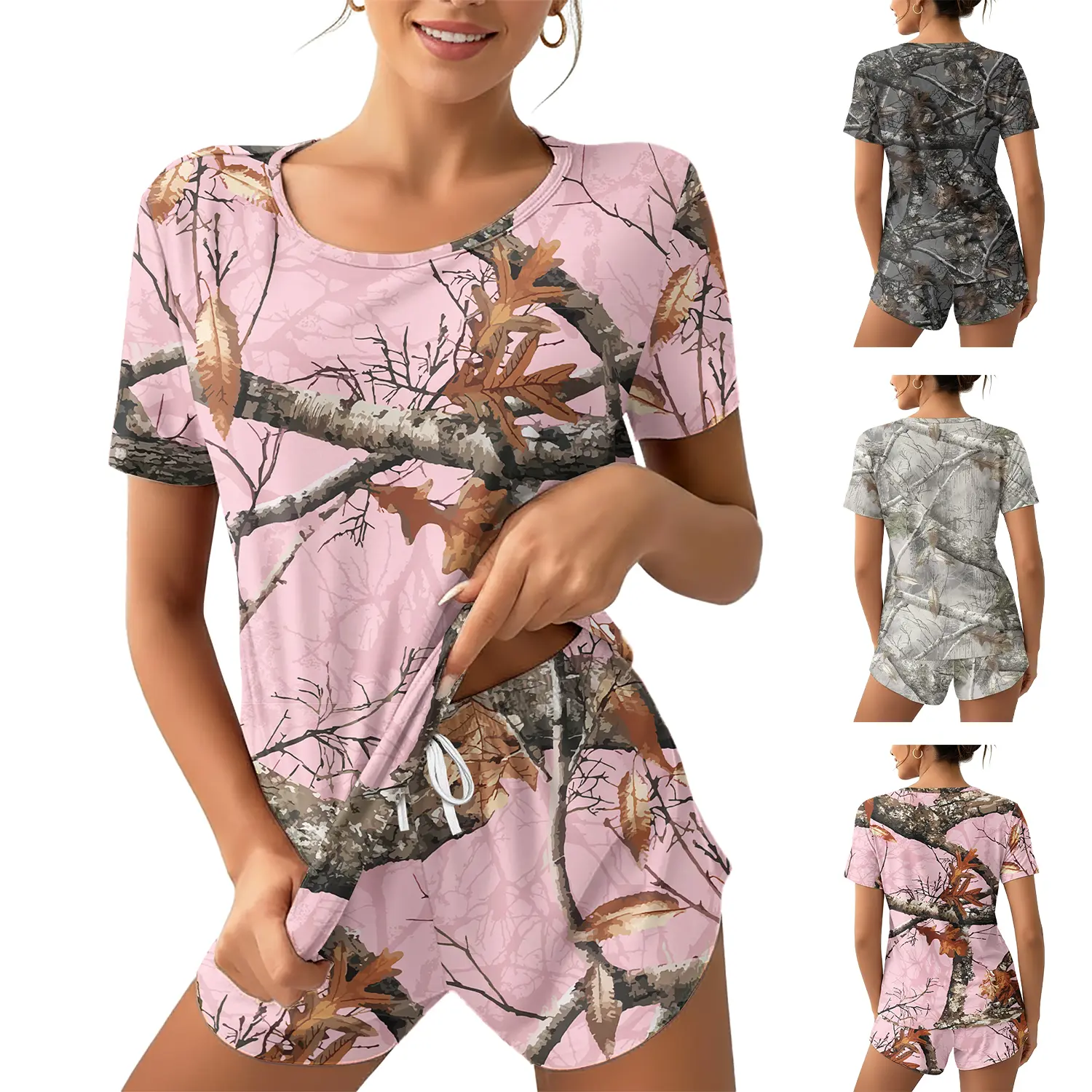 Lady 2 Piece Sets, Cute Camo Print PJ Sets for Women with Shortsleeve Top and Shorts, Soft Summer Loungewear, Women 2 Piece Sets Soft Knitting Tops Womenswear