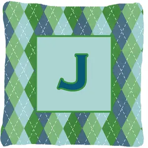 212 MAIN Initial J Blue Argyle Square Cushion - 14x14 in Soft Padded Polyester Fabric, Fade-Resistant Indoor/Outdoor Decorative Accent