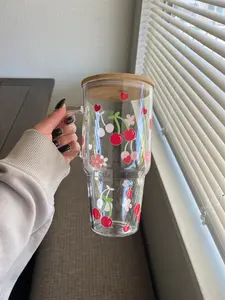 Cherry Glass Cup, Large Glass with Handle & Lid and Straw, Trendy Pattern, 32-40 oz