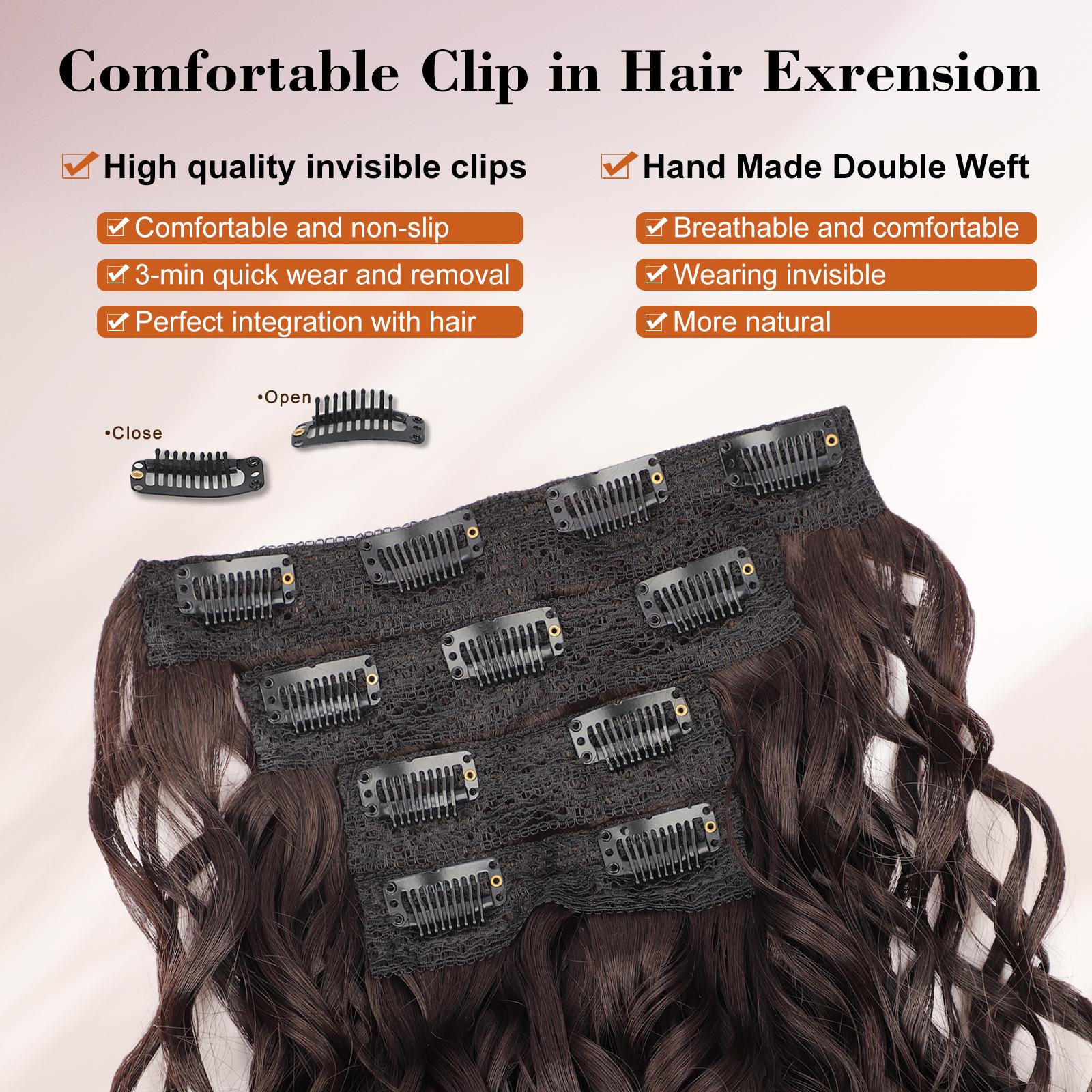 Curly Hair Extensions,16inch Clip in Hair Extensions 4Pcs Short Soft Natural Hairpiece Lace Weft Curly Wave Clip Ins Extensions Invisible for Women Daily Use,Chocolate Brown