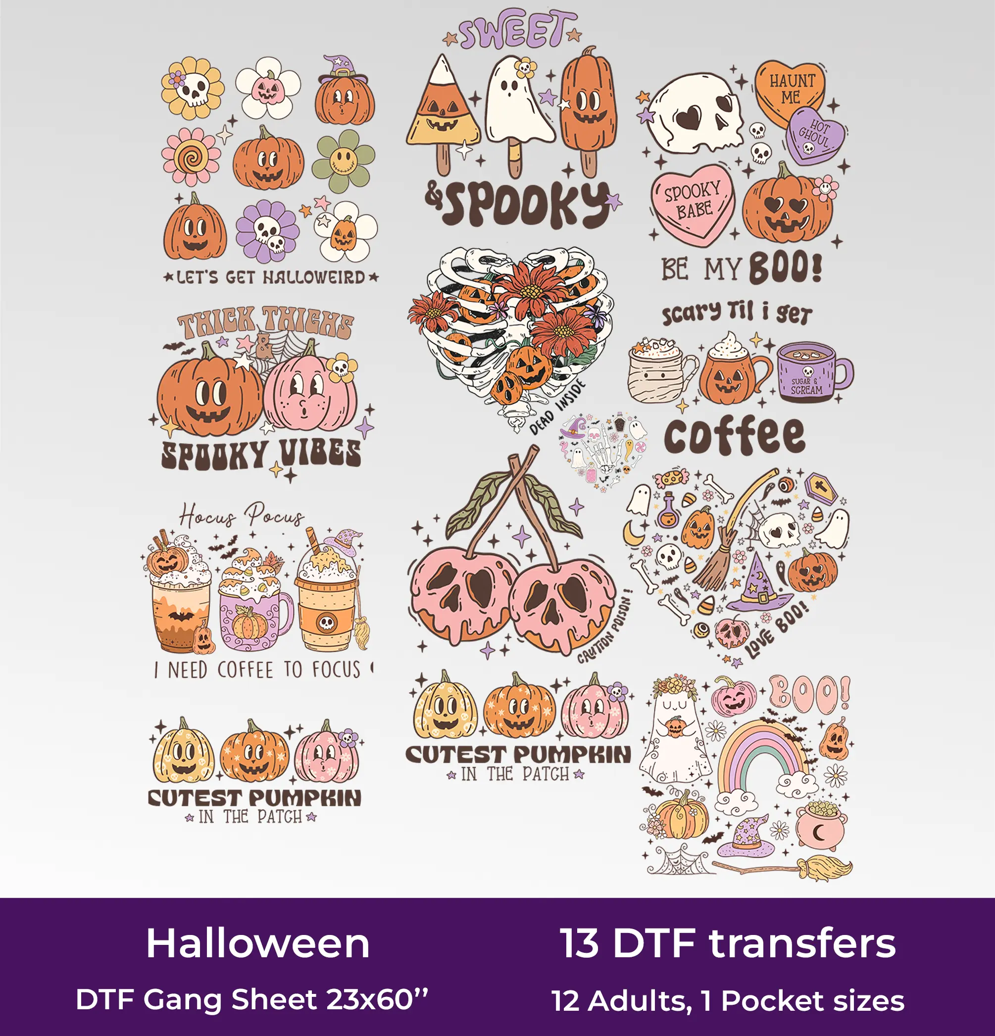 Halloween DTF Gang Sheet, 23x60 in. Ready to Press Spooky Heat transfers