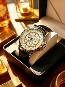 Luxury Men's World Time Watch, 3D Dial, Crocodile Leather Strap, Stable Quartz Movement, Waterproof, Business & Casual Style Gift Box Packing