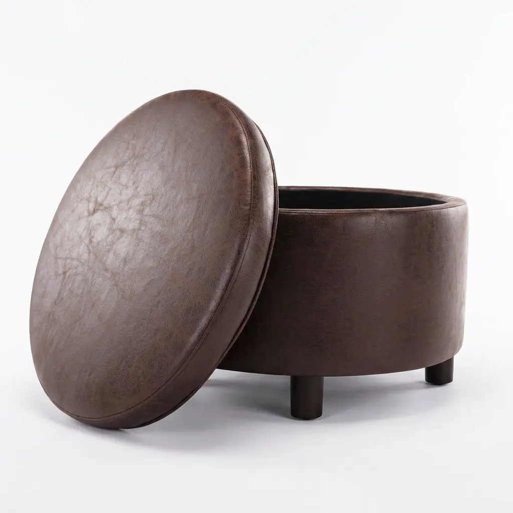 Peyton Large Round Dark Brown Faux Leather Storage Ottoman with Lift-Off Lid - Living Room Footstool Bench