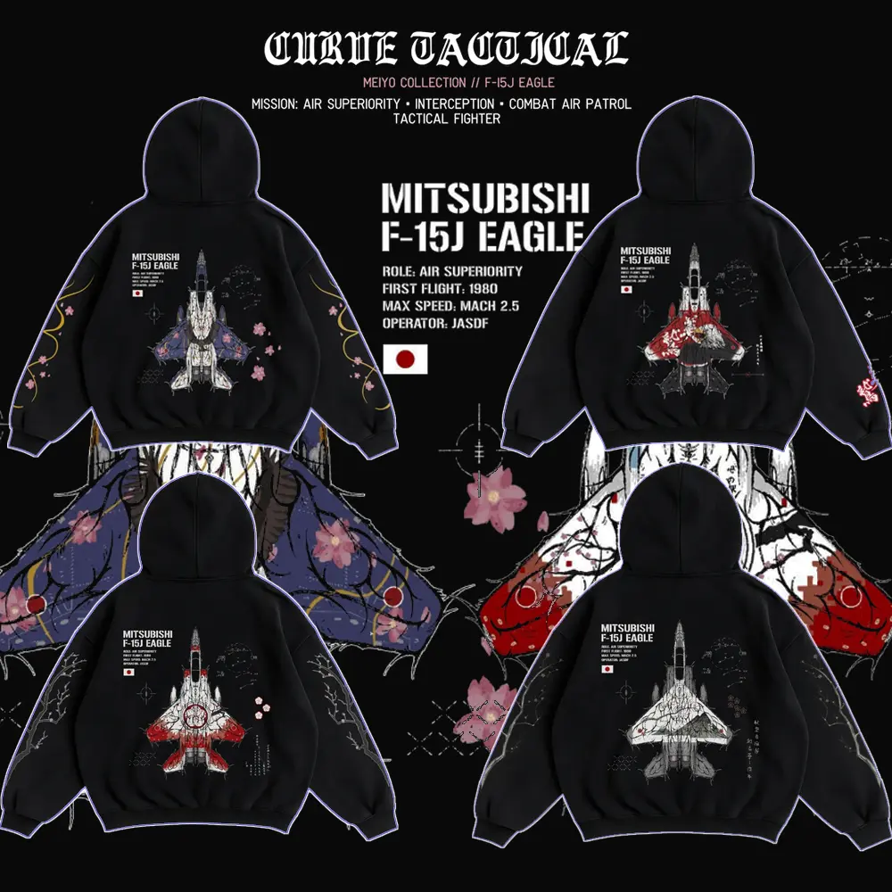 Curve Tactical F-15J Eagle Hoodie Men Women Oversized Streetwear Military Jet Fighter Graphic Print Japanese Cherry Blossom Hip Hop Y2K Pullover Sweatshirt Unisex Aesthetic Aviation Tactical Gea