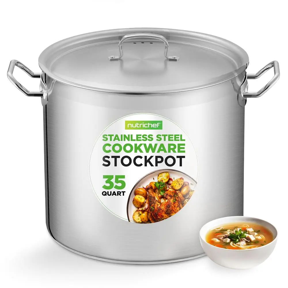 Nutrichef 35 Qt Solid Stainless Steel Stockpot |  Induction Pots with Even Heat - Lid, Strong Riveted Handles, Gas & Ceramic Cooktop Compatibility for Large Crowd Live Kitchen Use