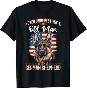 Men's Soft Short-Sleeve Round Neck Cotton T-Shirt - Streetwear Top, Natural Sports Menswear Fabric, German Shepherd Dog Graphic & "Never Underestimate an Old Man" Slogan