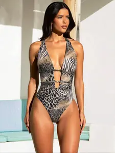 Women's Leopard Print One-Piece Swimsuit, Sexy U-Neck Sleeveless Design, High-Waist Tie-Side Swimwear for All Seasons