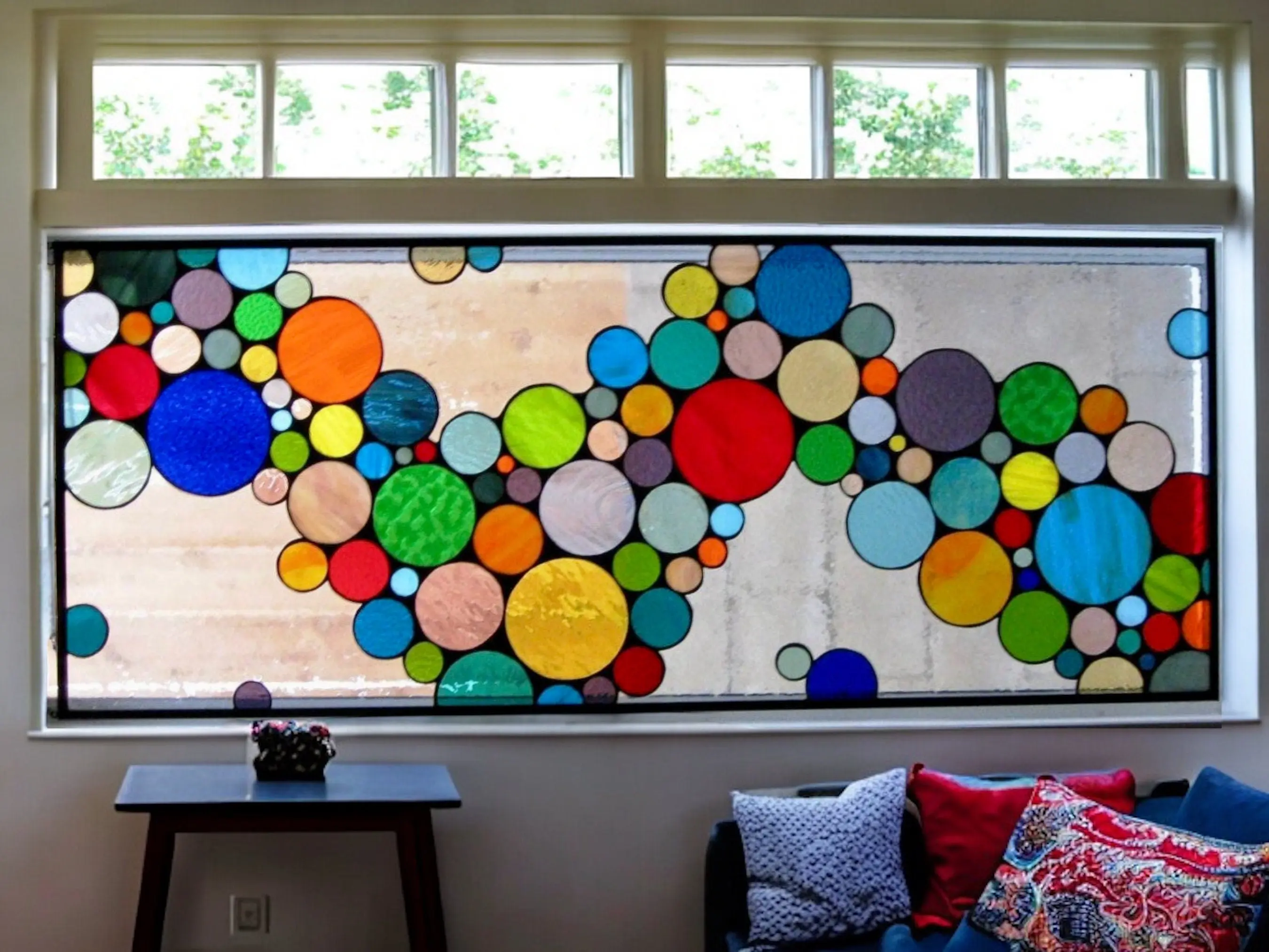 Stained Glass Window Panel - Rainbow Wave of Colorful Bubbles W-10