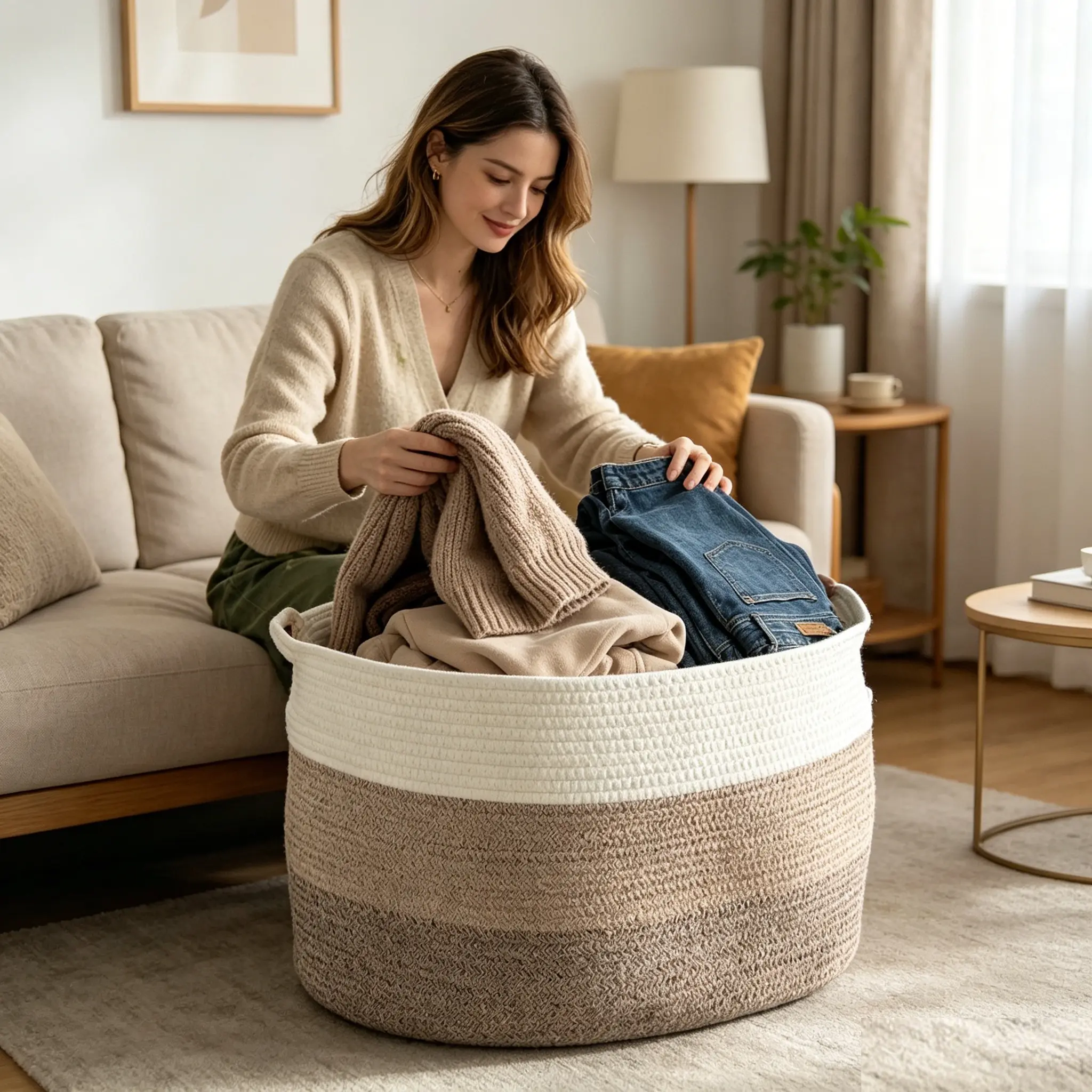 16.63 Gal Extra-Large Woven Cotton Rope Laundry Basket with Handles, Decorative Home Storage Organizer for Clothes, Blankets, Towels