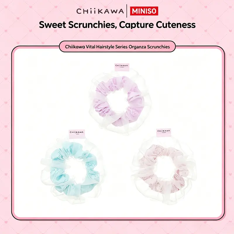 【New Arrival】Miniso Licensed Chiikawa Scrunchies, Cute Hachiware & Usagi Organza Hair Accessories for Girls, Soft Breathable Polyester for Summer, Collectibles Gift