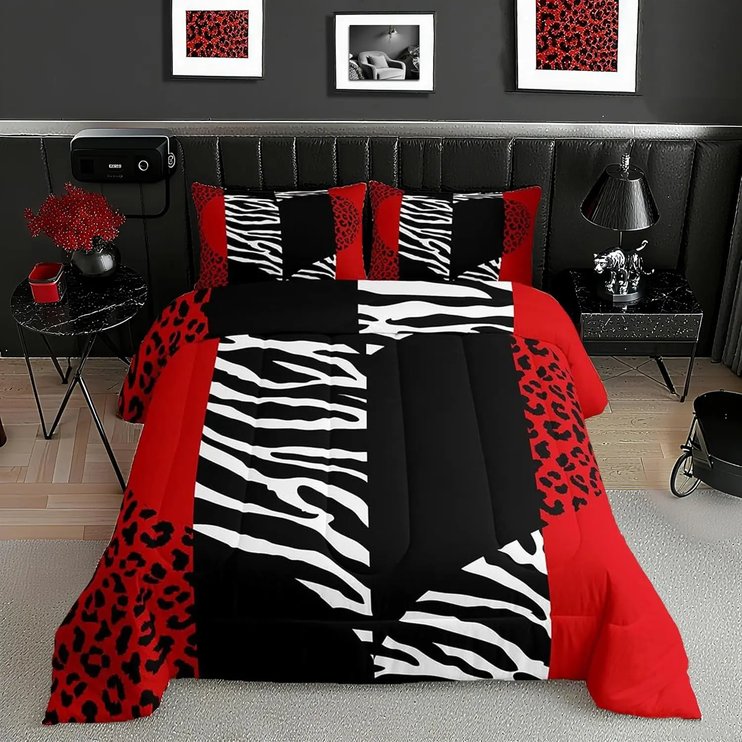 Leopard Zebra Comforter Set,Wild Animals Skin Bedding Set Adults Room Decor,Red Black Geometric Striped Heart Down Comforter Romantic Microfiber Duvet Insert