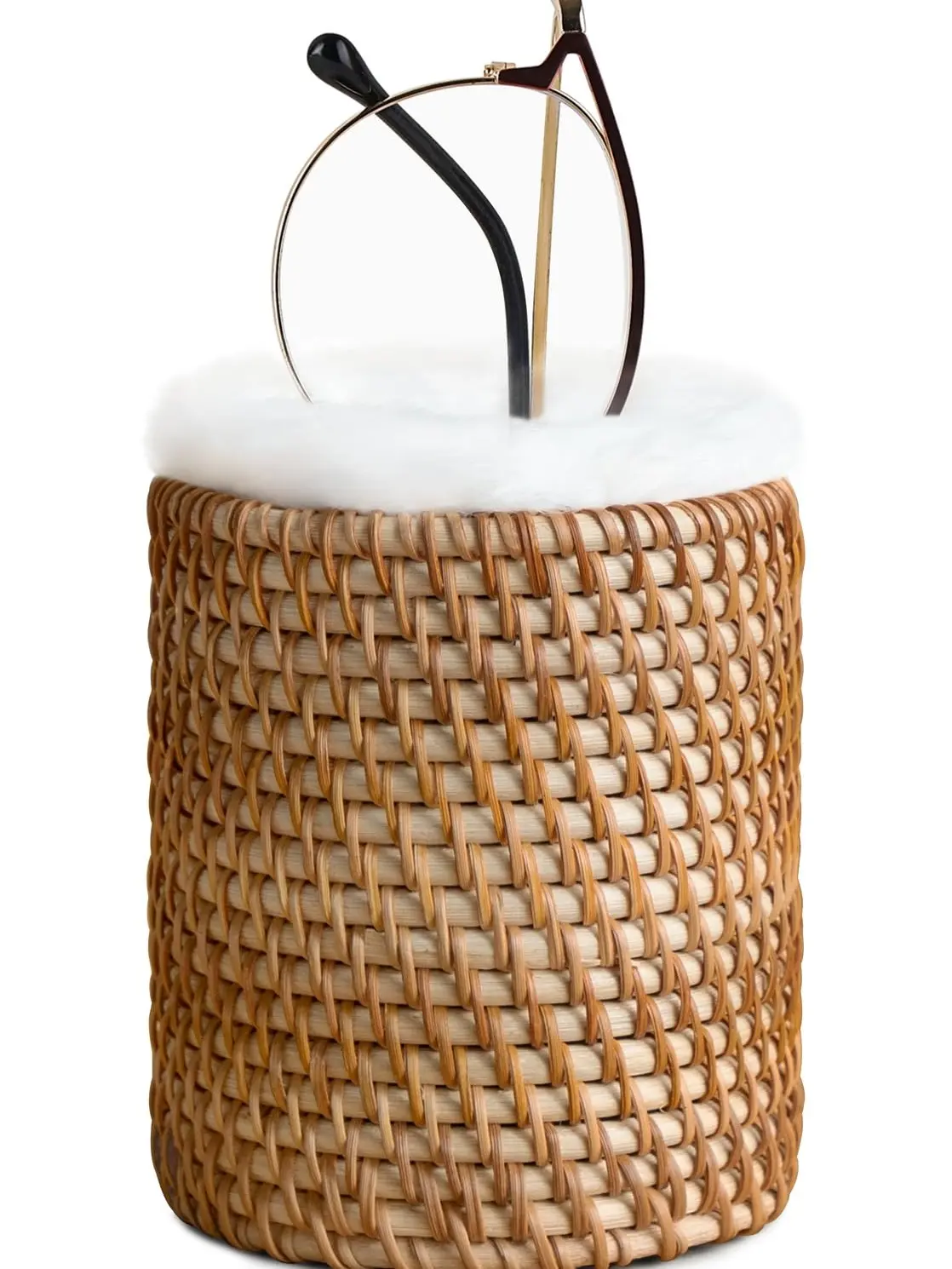 Rattan Eyeglass Holder Stand with Plush Lining, Bedside Nightstand Glasses Holder, Anti-Scratch Spectacle Display Stand, Stable Base Eyewear Storage for Desk, Office, Home Table Decor 3.1"W x 3.5"H
