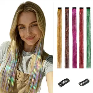 Shiny Metallic Clip in Hair Extensions Laser Colored Highlight Wig Pieces for Women Party Daily Use